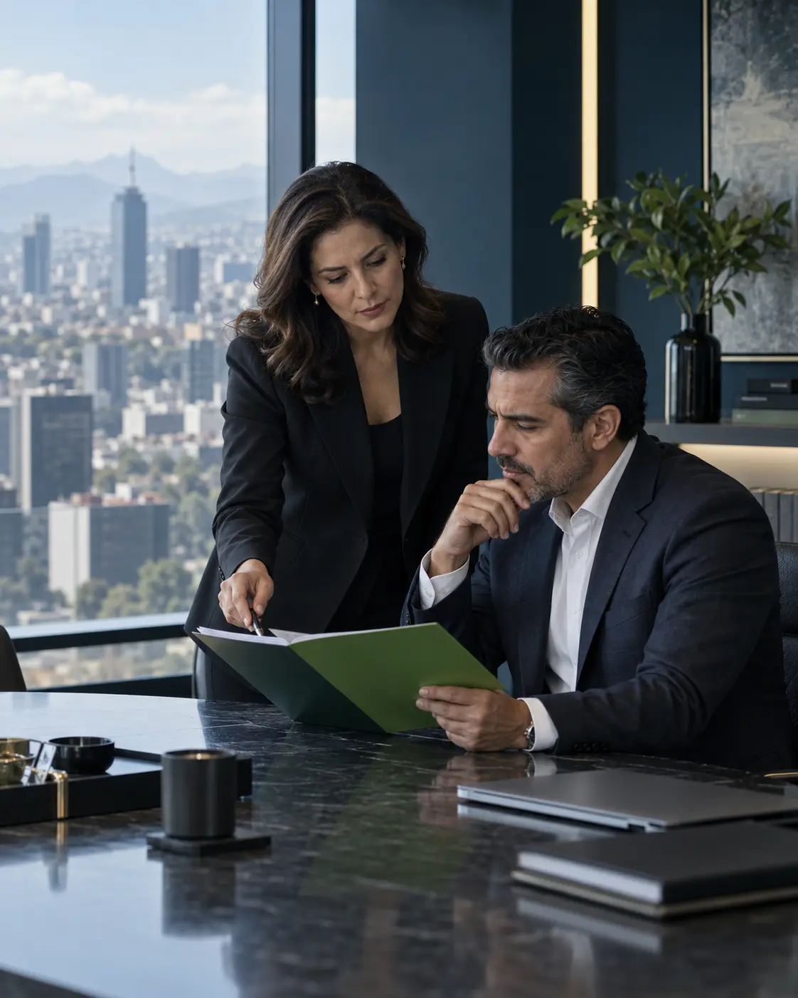 Dos líderes empresariales revisan información